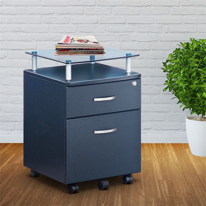 Graphite Mobile Rolling File Cabinet with Glass Top