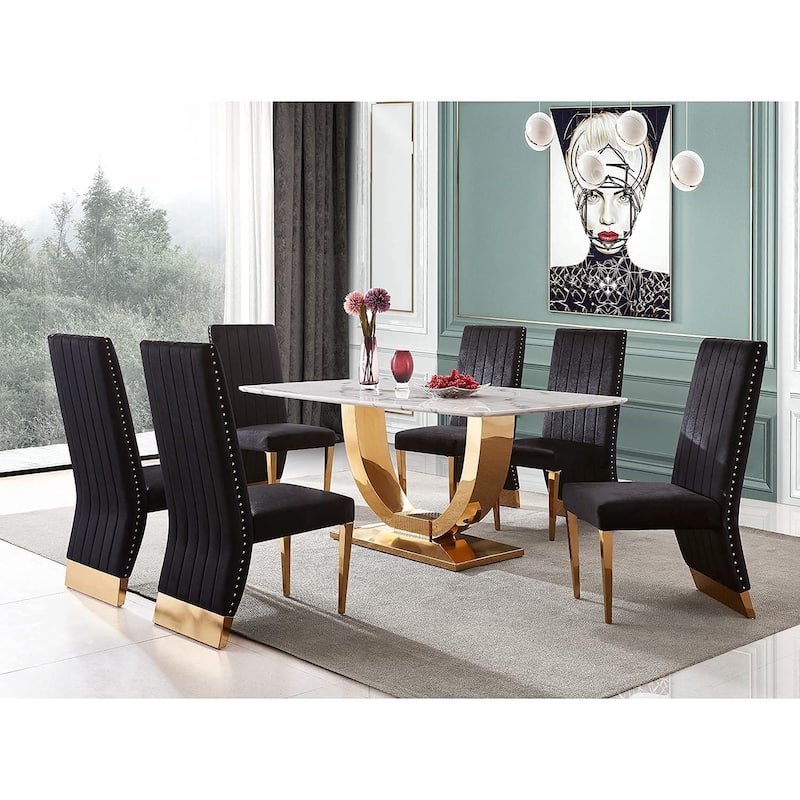 Modern Channel High Back Dining Chairs with Nailhead Trims and Polished Metal Legs