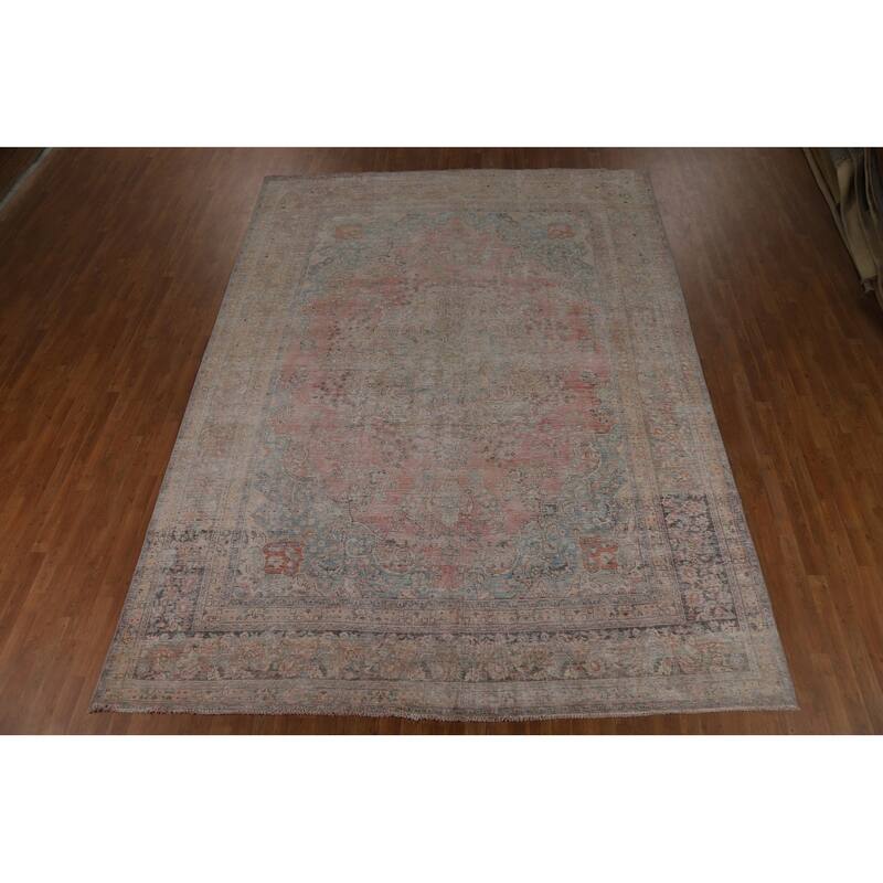 Pink Mashad Persian Vintage Area Rug Handmade Wool Carpet - 9'3" x 12'8"