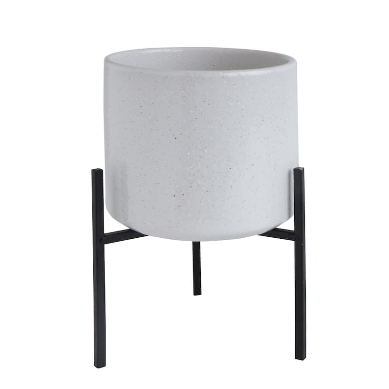 White Stoneware Flower Pot with Black Metal Stand - Antique White
