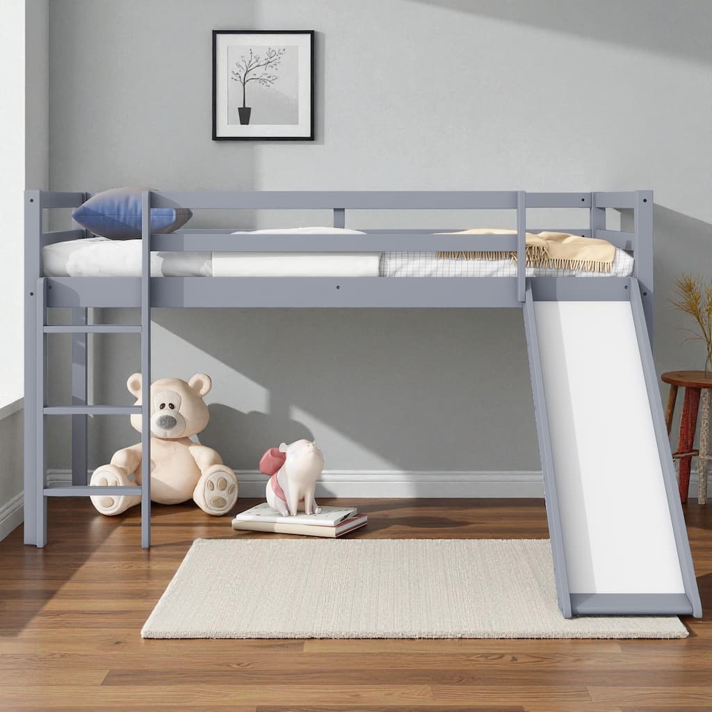 Twin Low Loft Bed with Slide and Ladder, Solid Rubber Wood Loft Bed with Guardrails and Underbed Play or Storage Space