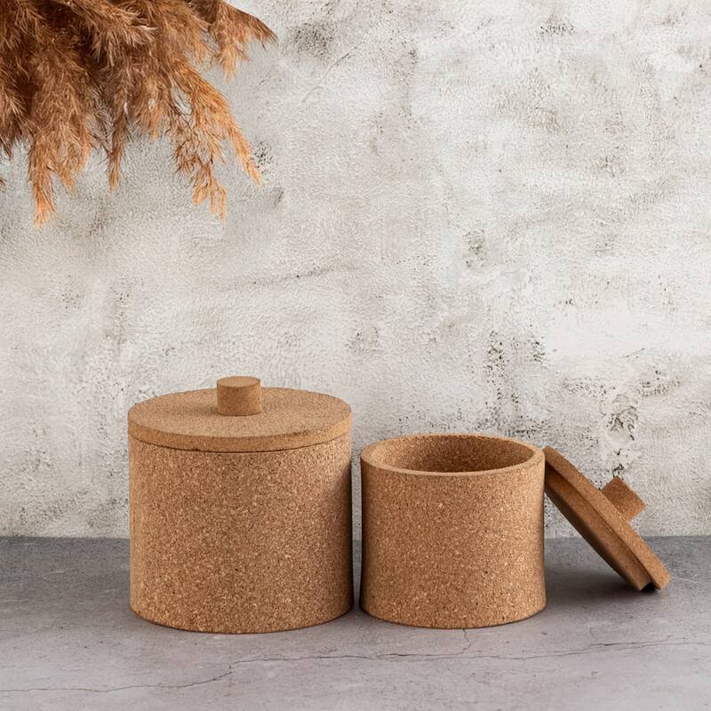 Round Large Cork Storage Box with Lid - 6.25" - Beige