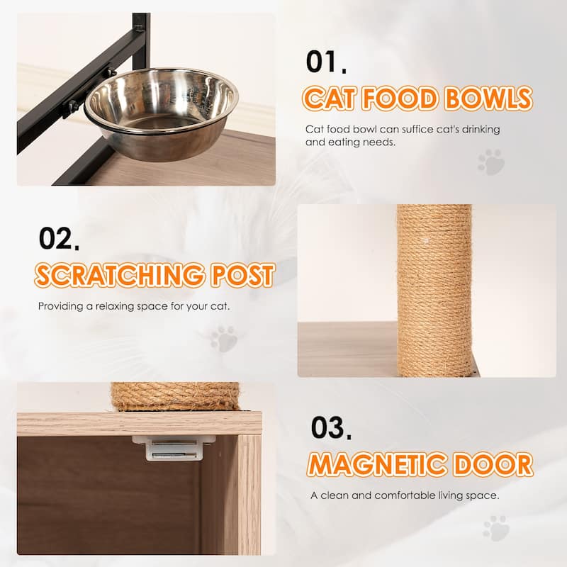 Cat Tree with Litter Box Enclosure, All-in-one Cat Tower for Indoor Cats with Large Hammock, Bed, Food Station, Scratching Posts