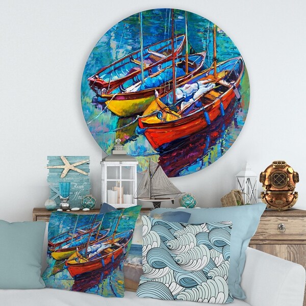 Designart Three Boats In The Harbor Nautical Coastal Metal Circle Wall Art Bed Bath Beyond 33357971