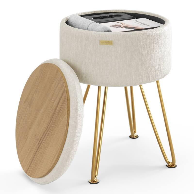 Emperyan Textured Velvet Round Ottoman with Hidden Storage - 17" x 13" - Cream/Gold Legs