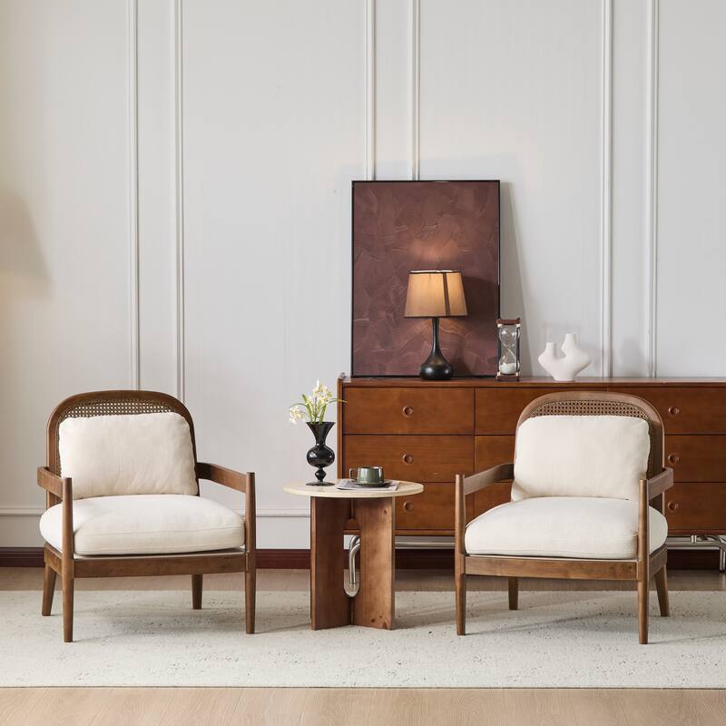 [Set of 2] 26.6" Mid-Century Modern Accent Chair with Light Brown Finish Solid Wood Frame and Rattan Backrest