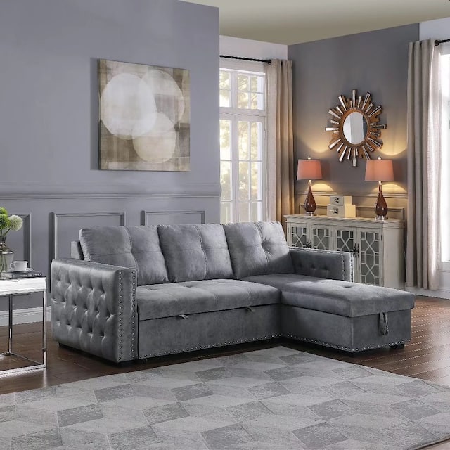 Morden Fort Velvet Reversible Sleeper Sectional Sofa L-Shape with big Storage