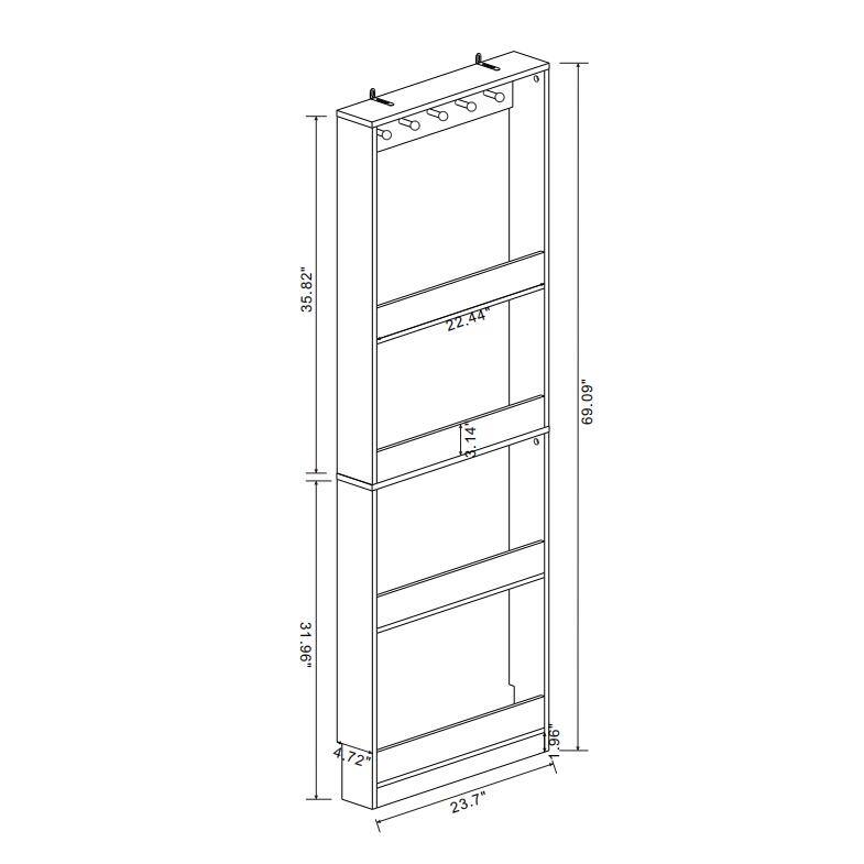 69" Tall Narrow Storage Cabinet with 4 Shelves & 5 Hooks, Space-Saving Behind-the-Door Bookcase Organizer