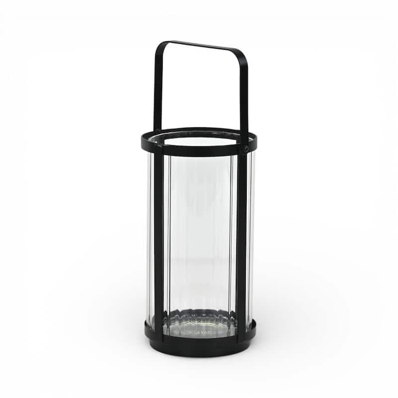 Vortial Fluted Glass Candle Lantern with Black Metal Frame