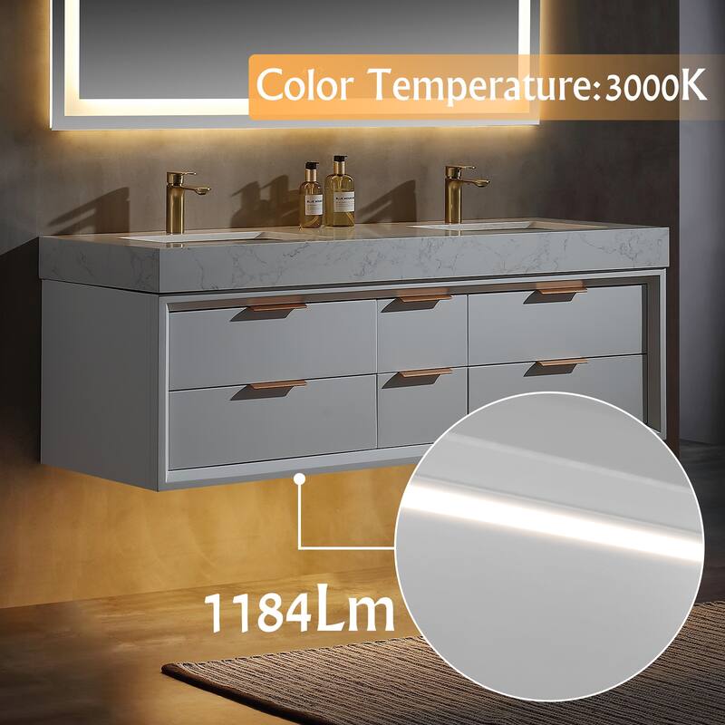 36/48/60 Modern Floating Bathroom Vanity with Sinle/Double Sink & Soft-Close Drawers & LED Lighting & Waterproof, White