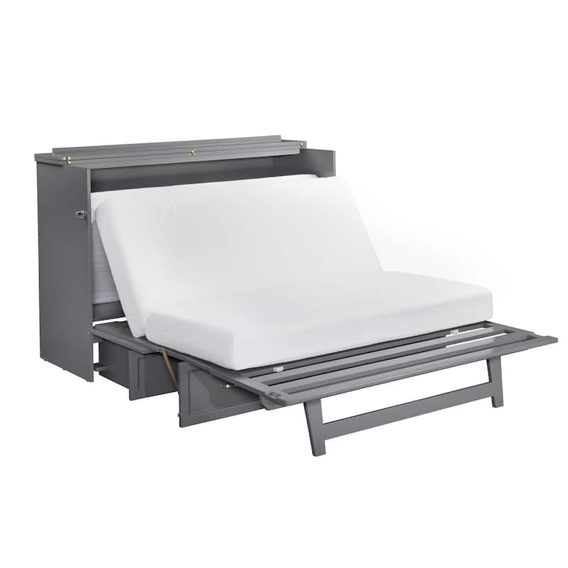 Deerfield Queen Murphy Bed Chest with 6" Mattress, Storage Drawer & Built-In Charger in Grey