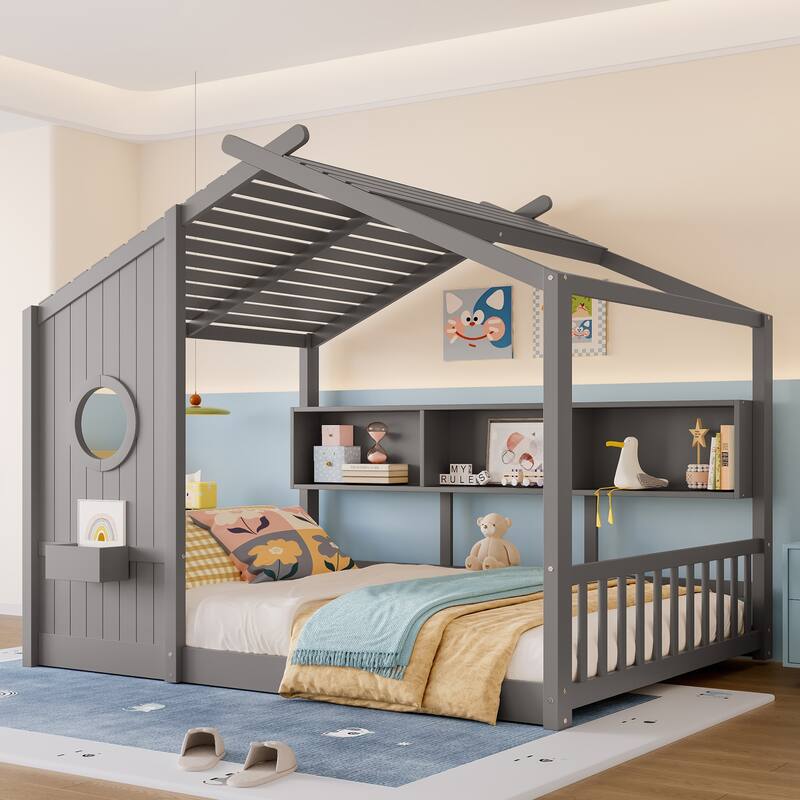 Wooden Kids Montessori Bed, Floor Playhouse Bed for Toddler, House Shaped Platform Bed Frame with Storage Shelves and Roof - Gray - Full