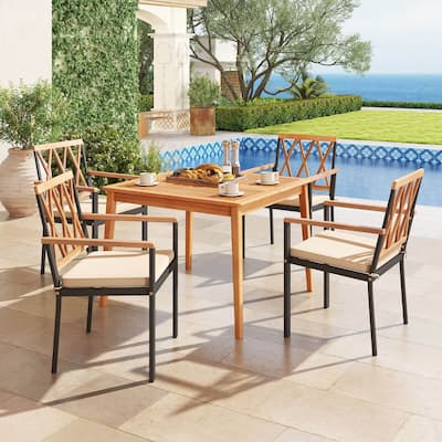 Costway 5 PCS Patio Acacia Wood Dining Set with Soft Seat Cushions