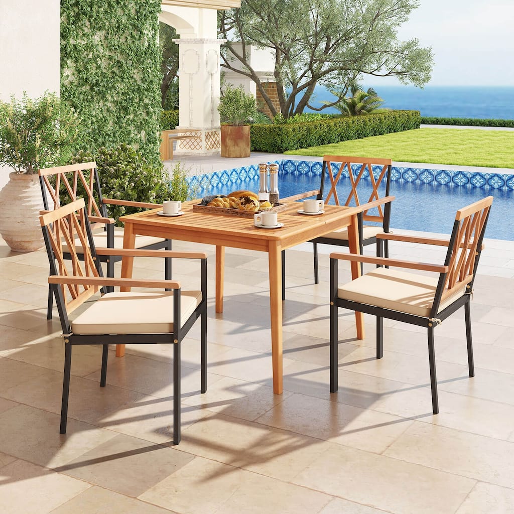 Costway 5 PCS Patio Acacia Wood Dining Set with Soft Seat Cushions