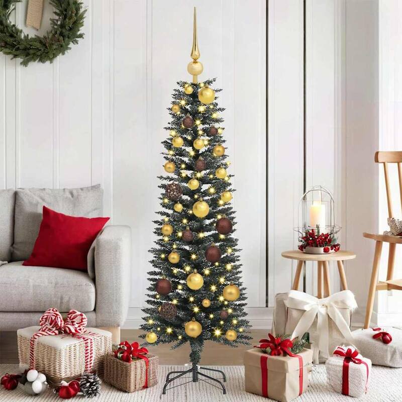 vidaXL Artificial Christmas Tree with Stand Green 40.5 x 40.5 x 120 cm - 40.5 x 40.5 x 120 - Green with LEDs & gold bronze balls (4)