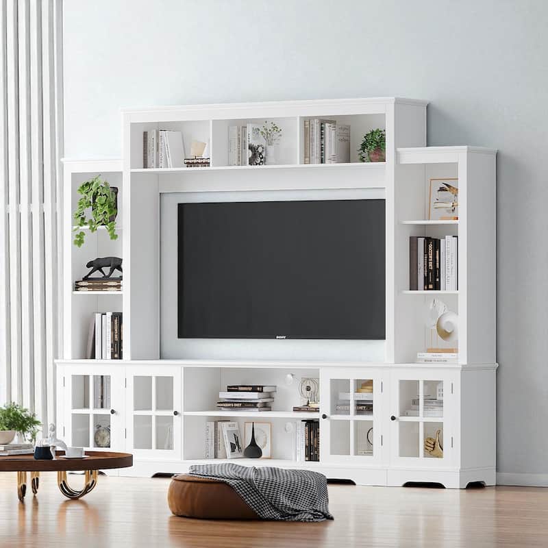 100" Wall Unit TV Stand with Storage, Large Entertainment Center with Bookshelves and LED Lights for TVs up to 75" - White