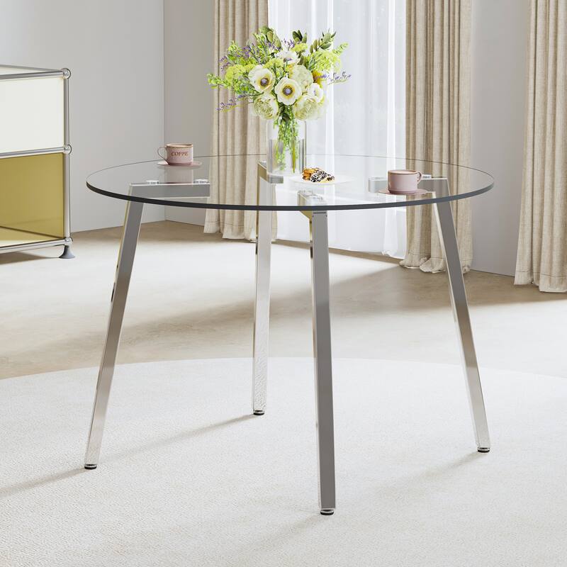 Roomfitters Round Glass Dining Table with Transparent Top and Silver Metal Legs for Kitchen Dining or Living Room