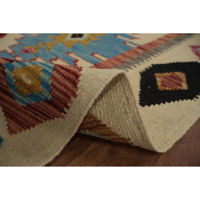 Hand Woven Oriental 100% Wool Carpet Southwestern Tribal Beige & Ivories Kilim Area Rug - 8' 0'' X 5' 0''