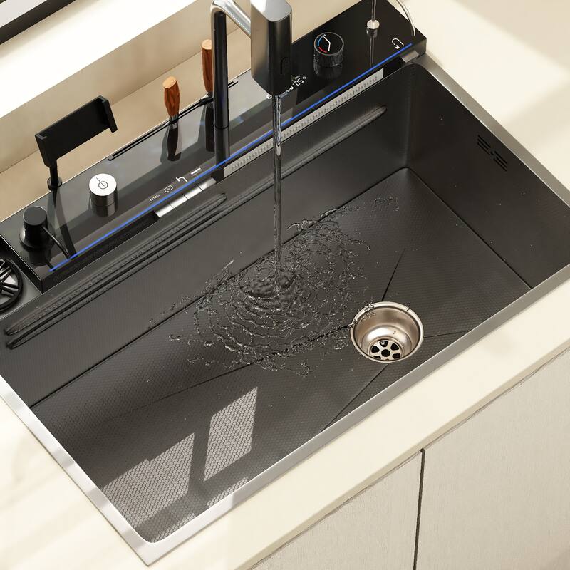 29.4 Inch Smart Kitchen Sink Workstation with LED Display, Multi-Function Faucet, Cutting Board & Drain Control