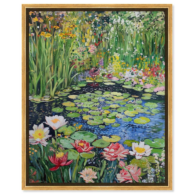 Art Remedy Impressionist Pond Framed Impressionism 1 Piece Canvas Wall Art /Monet And Van Gogh Inspired Art - 25 x 31 - Gold