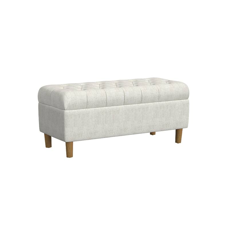 Sol Storage Bench Ottoman, Cream Woven Fabric, Brown Wood, 40 Inch