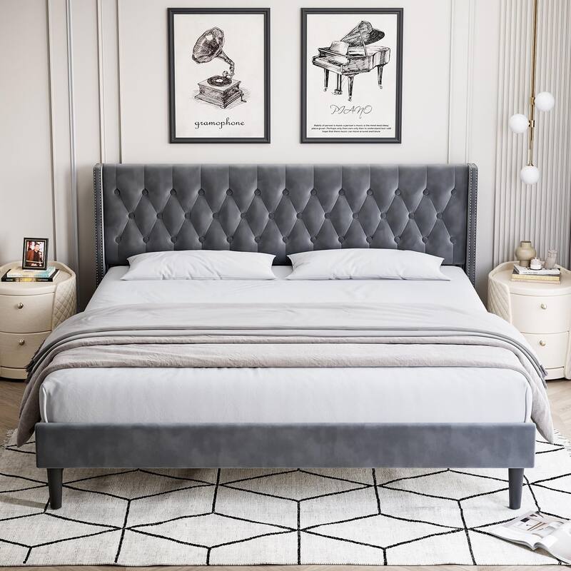 Upholstered Platform Bed - Grey - King