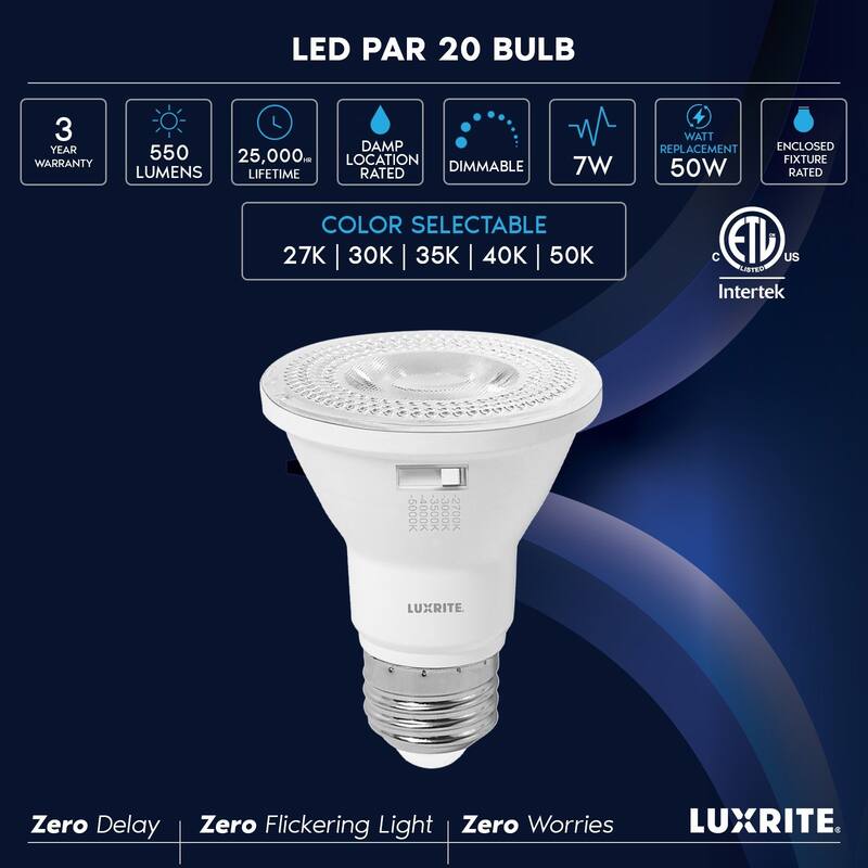 Luxrite PAR20 LED Flood Light Bulb 5CCT 550 Lumens 7W Dimmable LED Spotlight Bulb Damp Rated ETL Listed E26 (12 Pack)