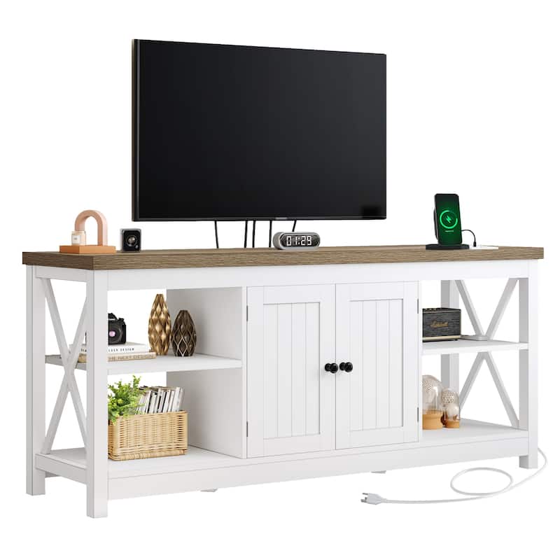 Moasis Farmhouse 59" TV Stand Entertainment Center with Storage Shelves for TVs up to 65-inch - White