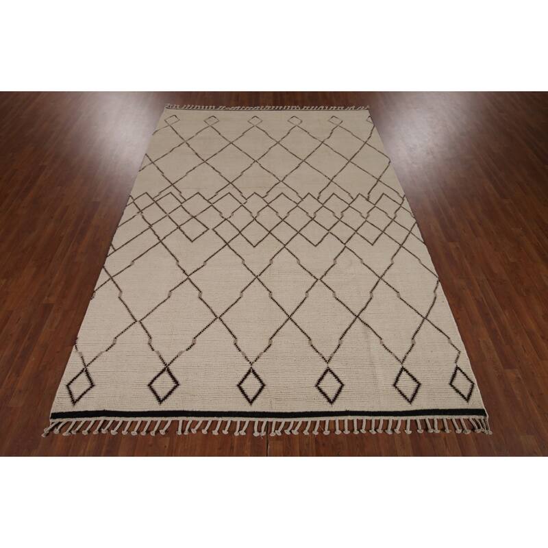 Trellis Moroccan Area Rug Handmade Oriental Beige Wool Carpet - 7'10"x 10'9"