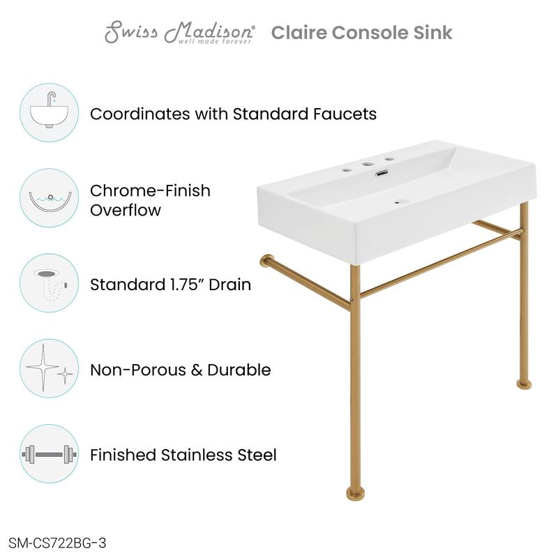 Claire 30" Console Sink White Basin Brushed Gold Legs With 8" Widespread Holes - 30" x 16" x 35"