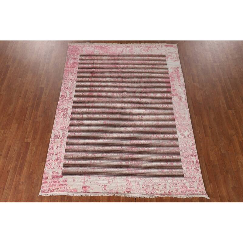 Striped Pink Abstract Area Rug Hand-Knotted Modern Wool Carpet - 6'6"x 9'0"