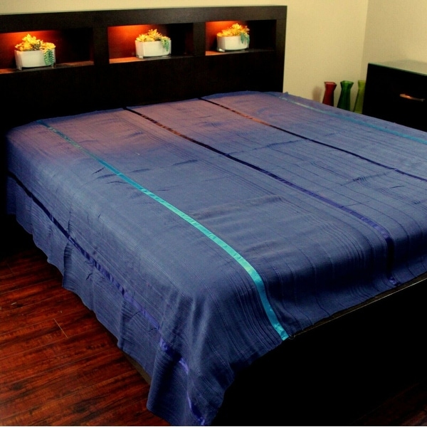Heavy Cotton Striped Ribbed Bedspread Full Queen Blue 72 x 96 in