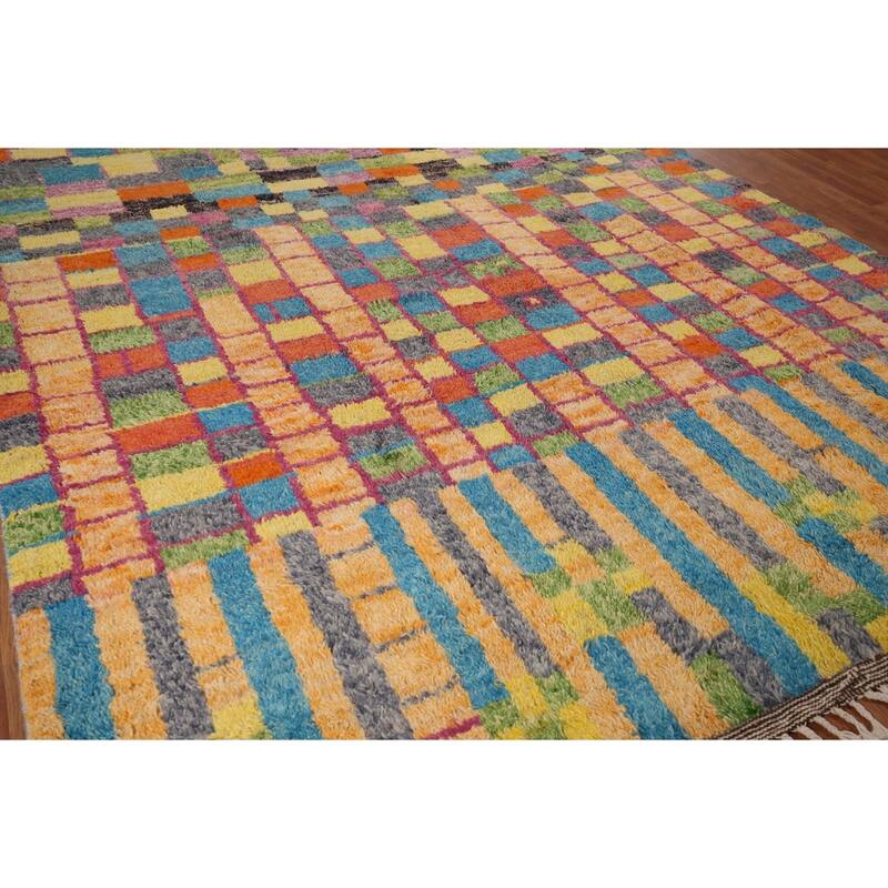 Colorful Checkered Moroccan Plush Area Rug Handmade Wool Carpet - 8'8" x 12'9"