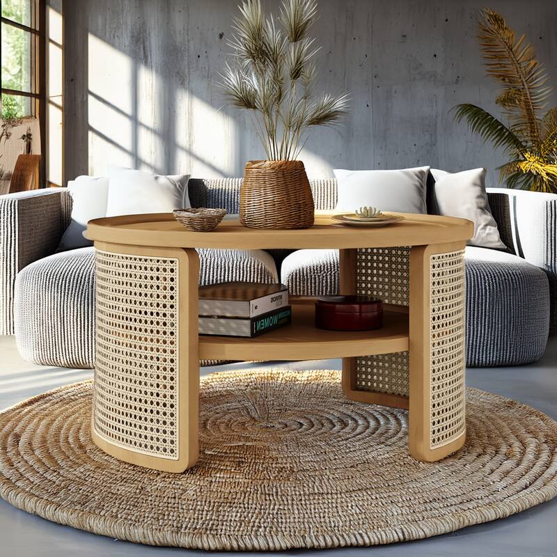 Roomfitters Round Natural Wood Coffee Table, 2-Tier Design with Rattan Base and Storage Shelf, 31-Inch Living Room Center Table - Natural