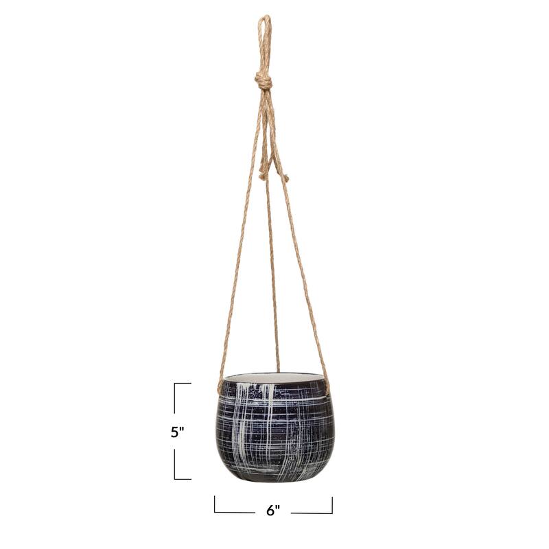 Hanging Stoneware Planter with Line Patterns and Jute Rope