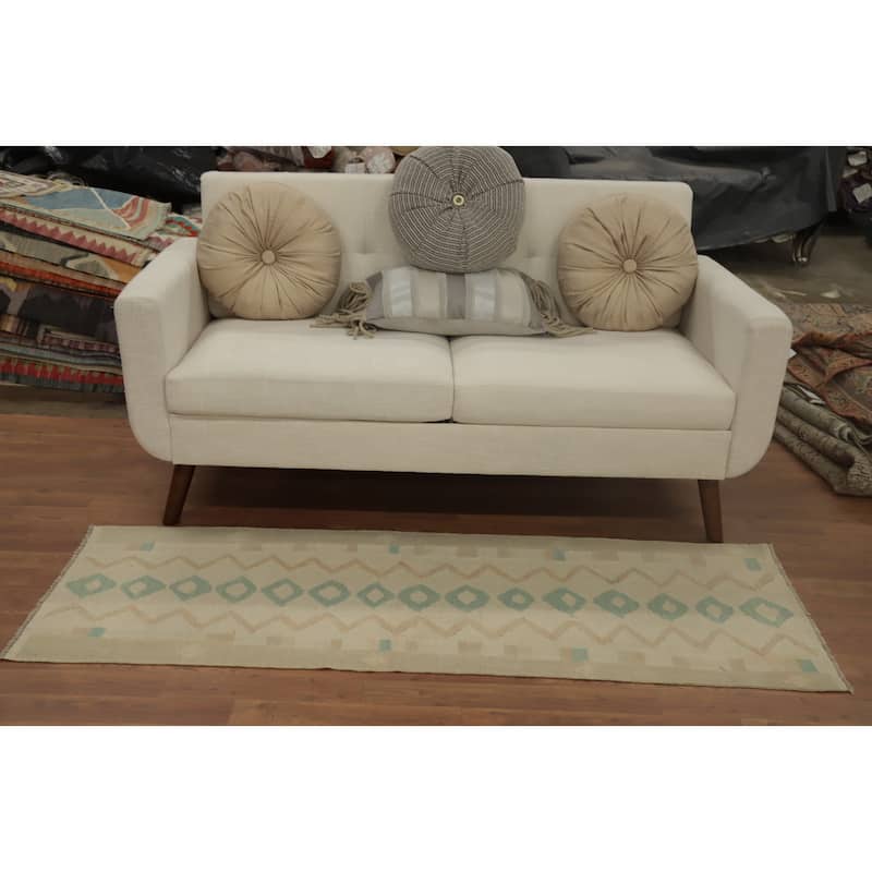 Hand Woven Oriental 100% Wool Carpet Southwestern Tribal Beige & Ivories Kilim Runner Rug - 5' 8'' X 2' 0''