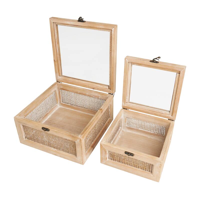 Light Brown Wood Glass Top Decorative Box with Rattan Side Panels and Bronze Hook Closures (Set of 2)