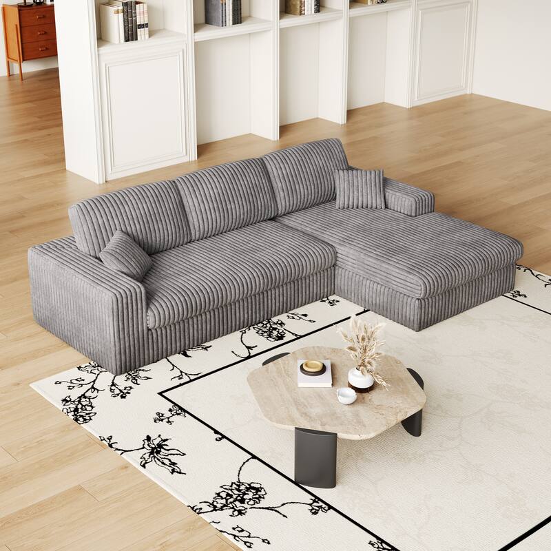 L-Shaped Sectional Sofa with Chaise Lounge, Corduroy Modular Foam Sofa, Upholstered Sofa with 2 Cushion & 2 Throw Pillows