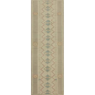 Hand Woven Oriental 100% Wool Carpet Southwestern Tribal Beige & Ivories Kilim Runner Rug - 9' 5'' X 2' 8''