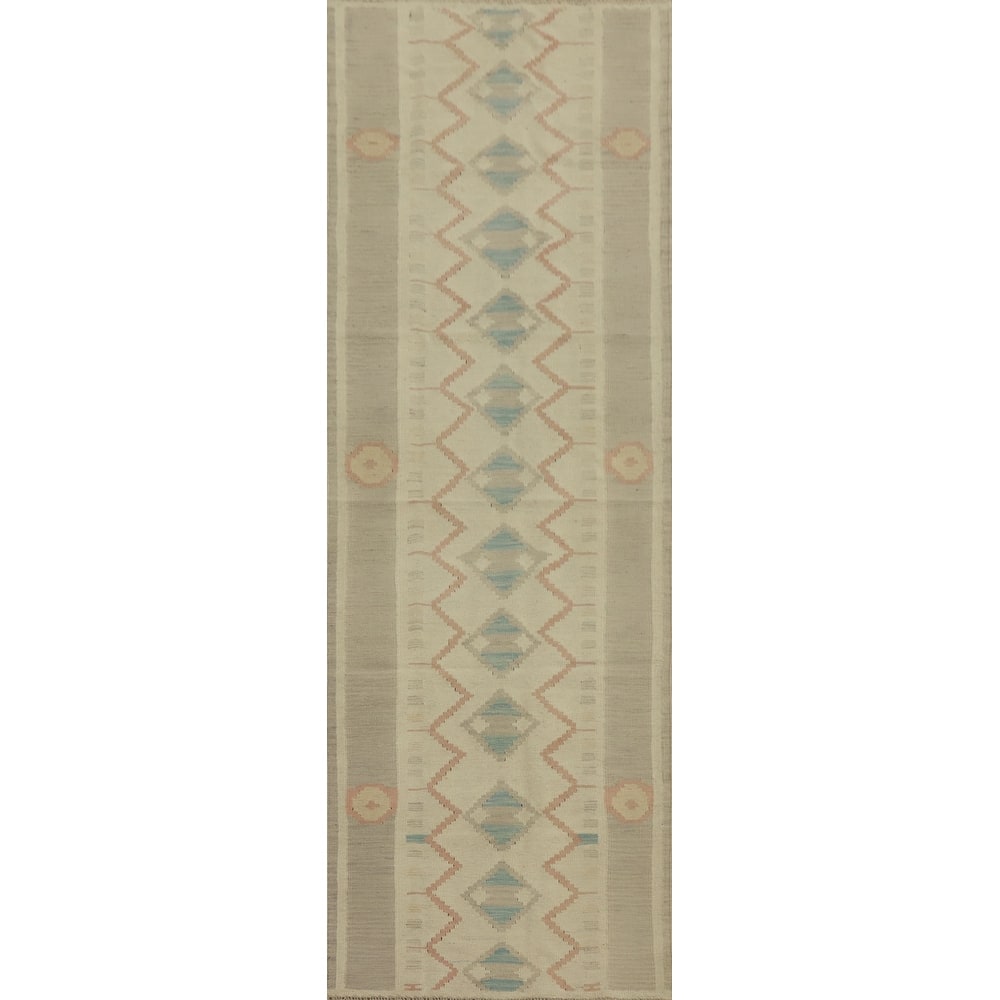 Hand Woven Oriental 100% Wool Carpet Southwestern Tribal Beige & Ivories Kilim Runner Rug - 9' 5'' X 2' 8''