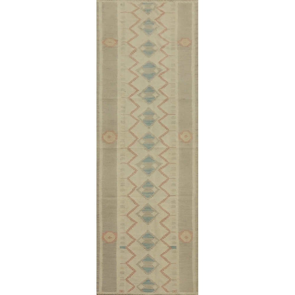 Hand Woven Oriental 100% Wool Carpet Southwestern Tribal Beige & Ivories Kilim Runner Rug - 9' 5'' X 2' 8''
