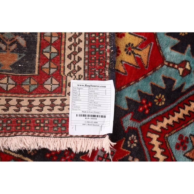Navy Blue Ardebil Persian Vintage Runner Rug Handmade Wool Carpet - 3'5"x 10'5"