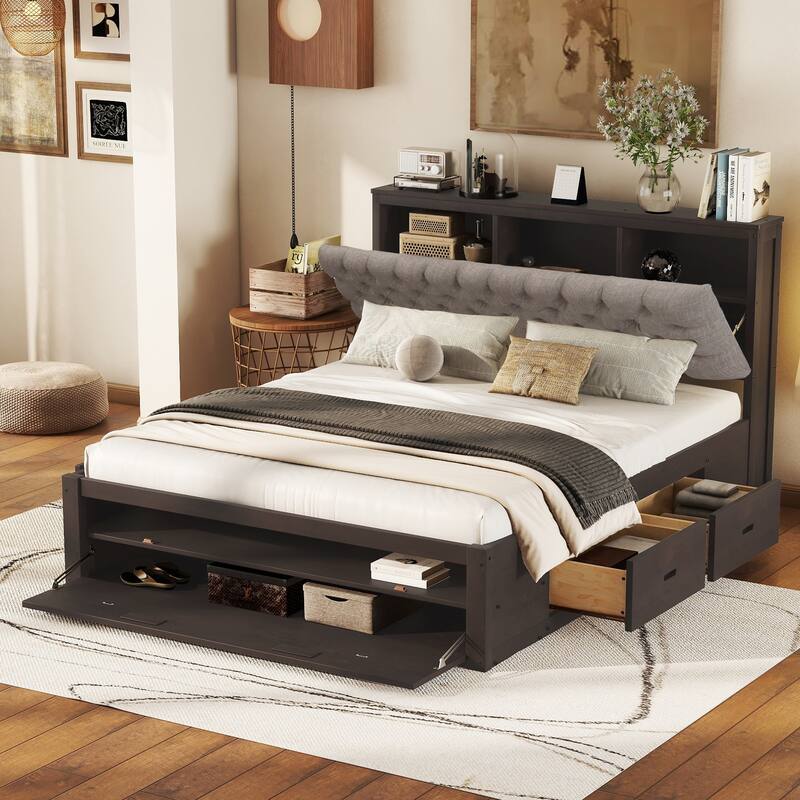 Platform Bed with Storage Headboard, shoe rack and 4 drawers