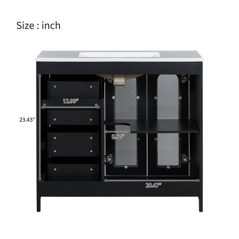 30''/36'' Bathroom Vanity with Sink, 3 Drawers Bathroom Storage Cabinet with Soft-Close Glass Door and Adjustable Shelf