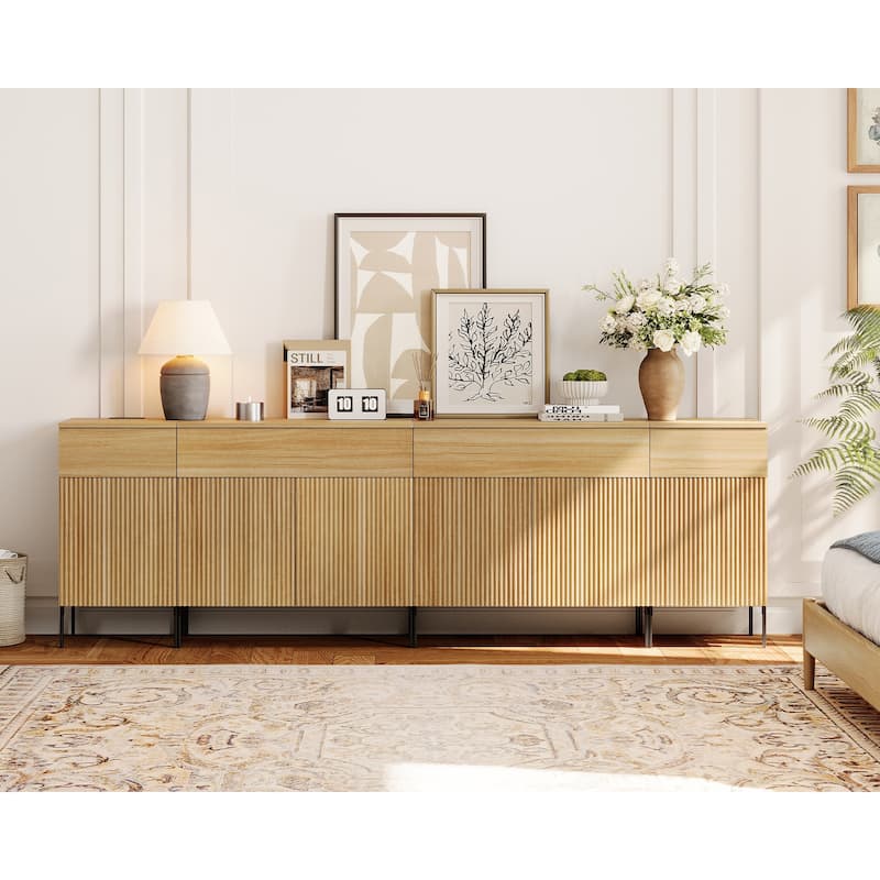 94.5" Wooden Sideboard With Reeded Design, 4-In-1 Modern Credenza With Charging