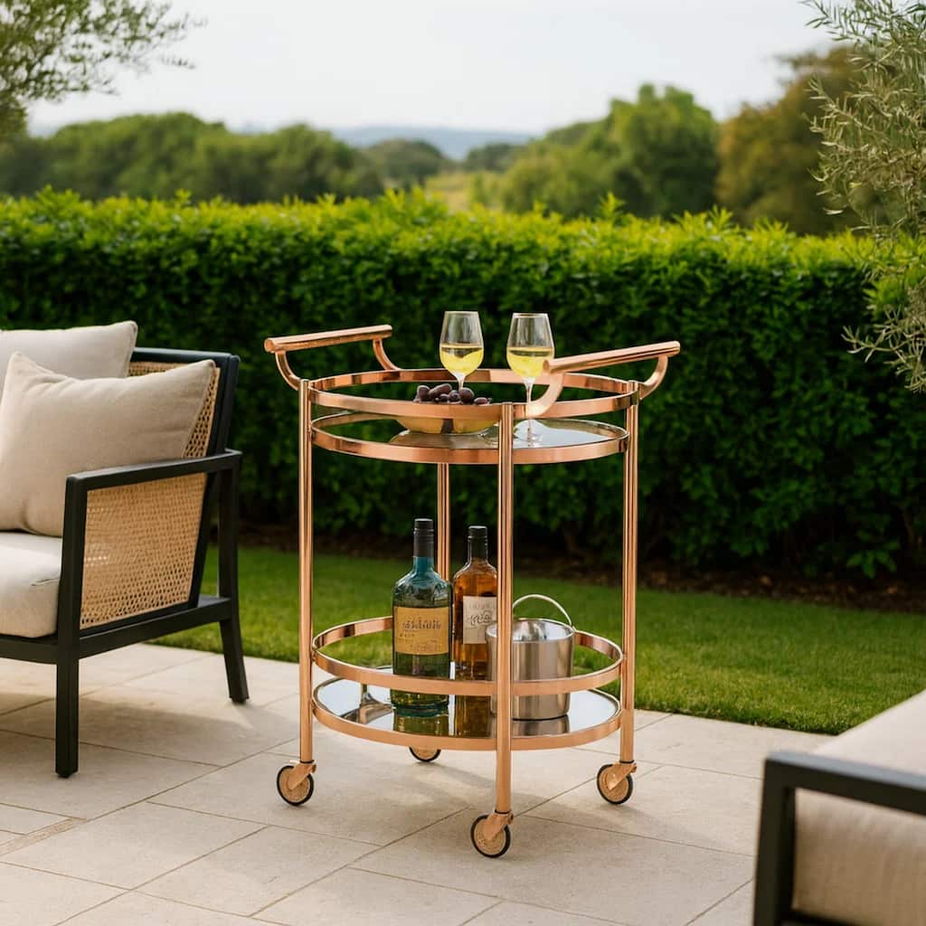 Oval Metal Serving Cart, Clear Glass & Copper