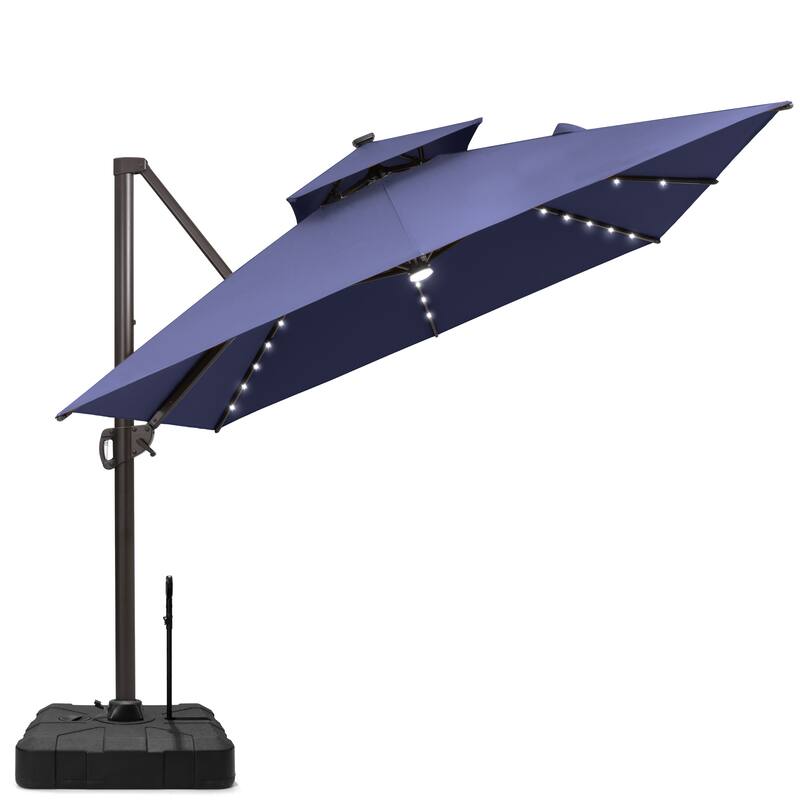 VredHom 9x11 FT Daul Top Rectangular Outdoor Patio Cantilever Umbrella Solar LED Lighted with Rod Base - NavyBlue