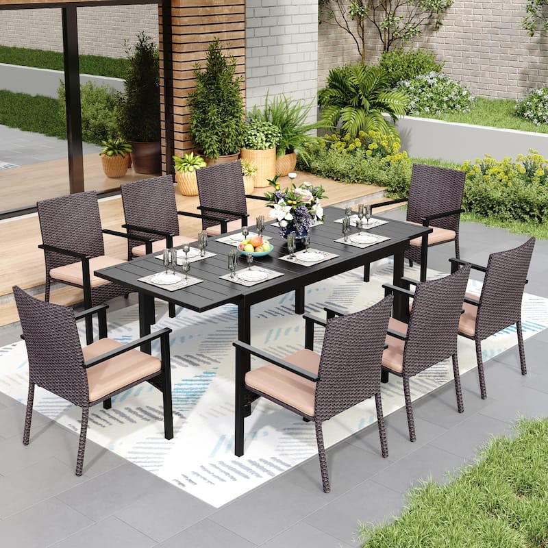 7/9 Patio Dining Set, Expendable Rectangular Outdoor Dining Table with Rattan Chairs - 9-Piece Metal Armrest Chair Set (Beige)
