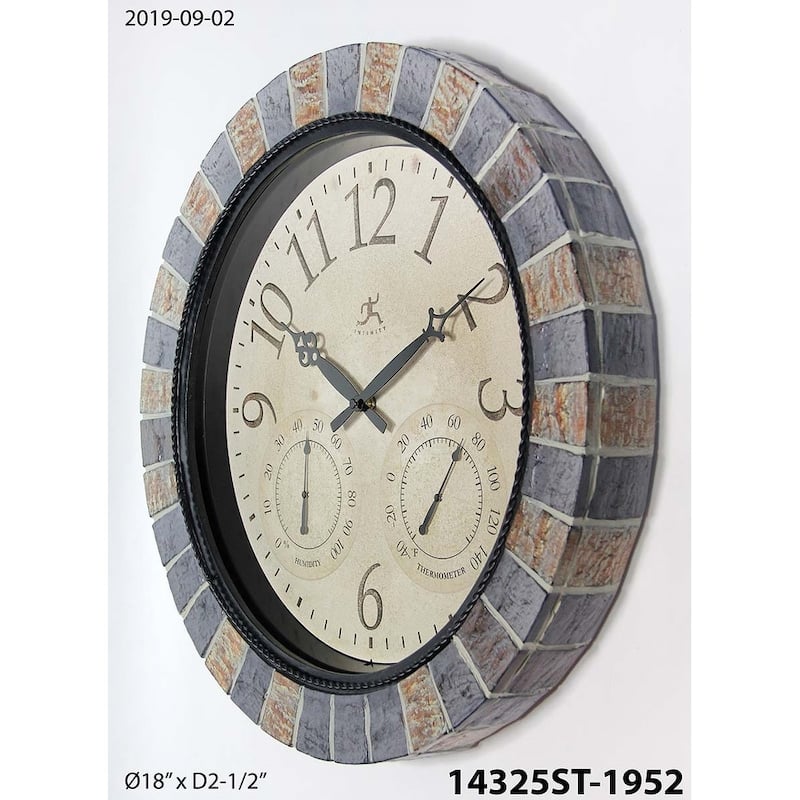 Inca Indoor/Outdoor Stone 18 inch Wall Clock with Temperature/Humidity - 18 x 2.5 x 18