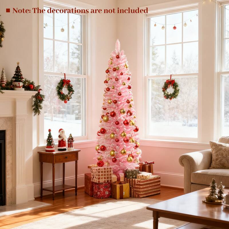 Gymax 5 FT Pink Artificial Christmas Tree Slim Pencil Xmas Tree w/ 328